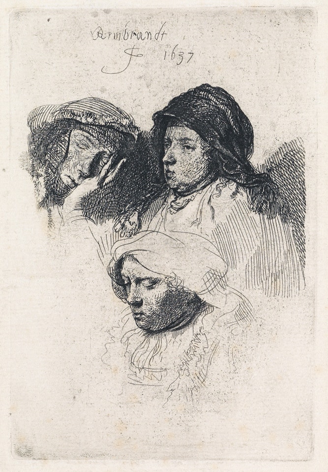 Three Heads Of Women, One Asleep by Attributed to Rembrandt Harmensz van Rijn