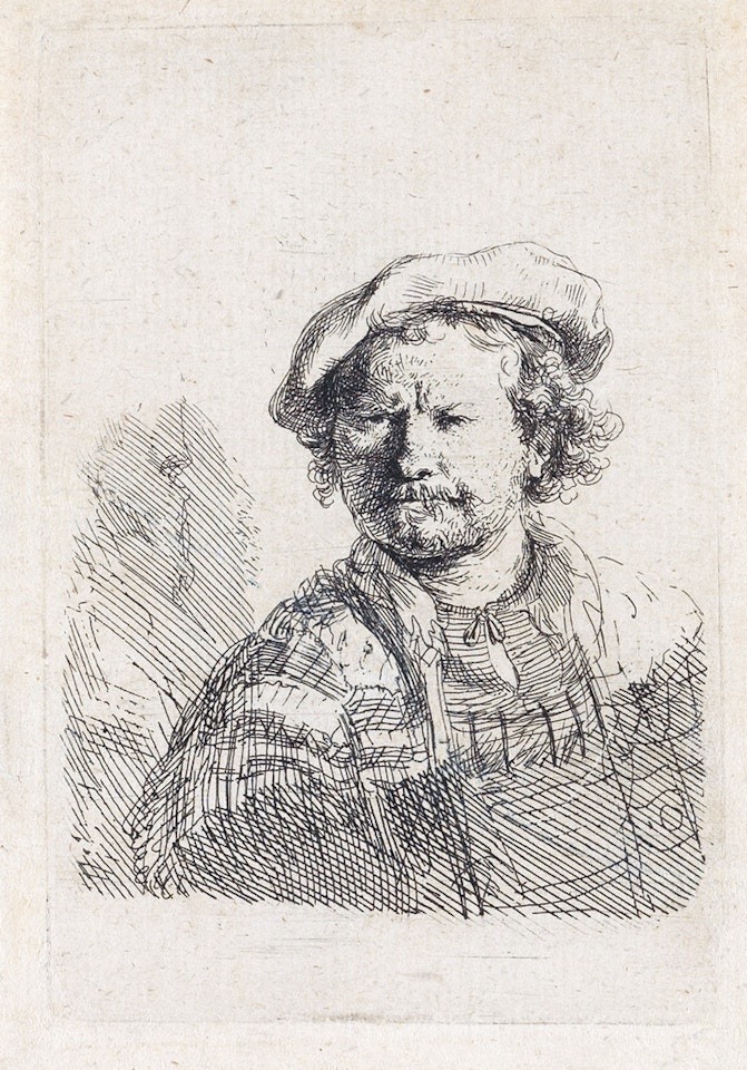 Self Portrait In A Flat Cap And Embroidered Dress by Attributed to Rembrandt Harmensz van Rijn