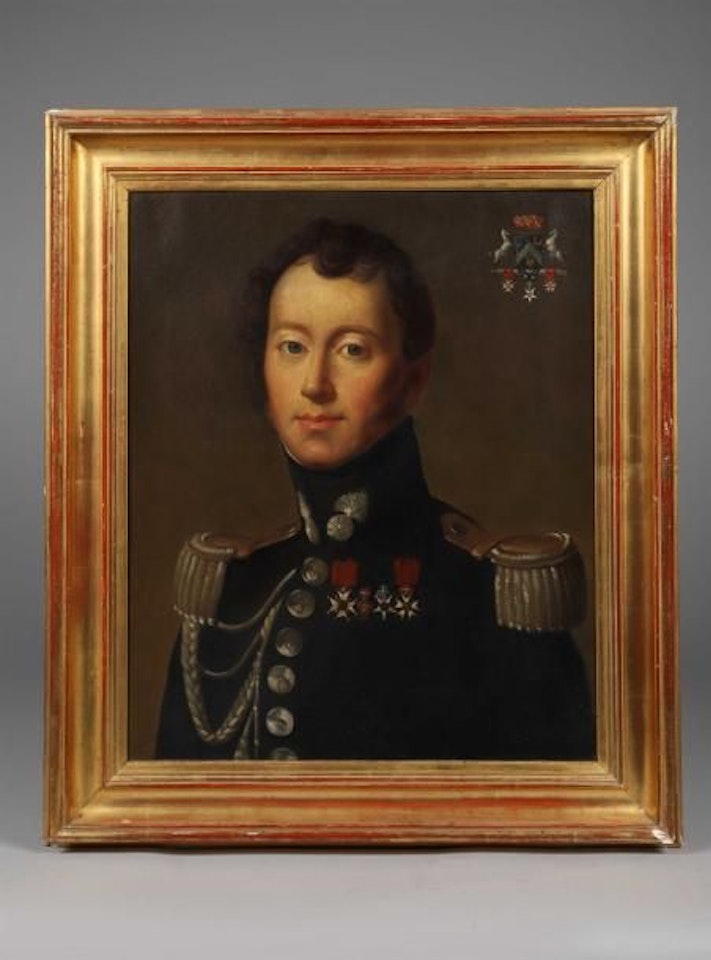 Portrait of the squadron leader Baron de Costalin (Jean-Pierre, François) of the grenadiers of the royal guard. His coat of arms, under a baron"s tortil at the top right, with three of his decorations, Order of Saint Louis (1814), Order of Fidelity (1814), Officer"s Cross of the Legion of Honor (1814) by French School