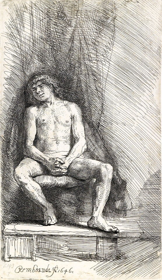 Nude Man Seated Before A Curtain by Attributed to Rembrandt Harmensz van Rijn