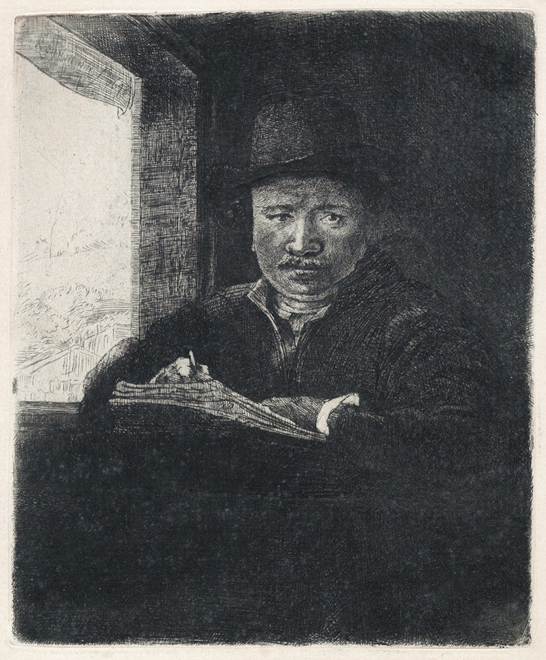 Self Portrait Drawing At A Window by Attributed to Rembrandt Harmensz van Rijn