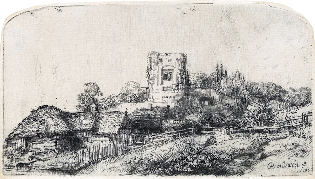 Landscape With A Square Tower by Attributed to Rembrandt Harmensz van Rijn