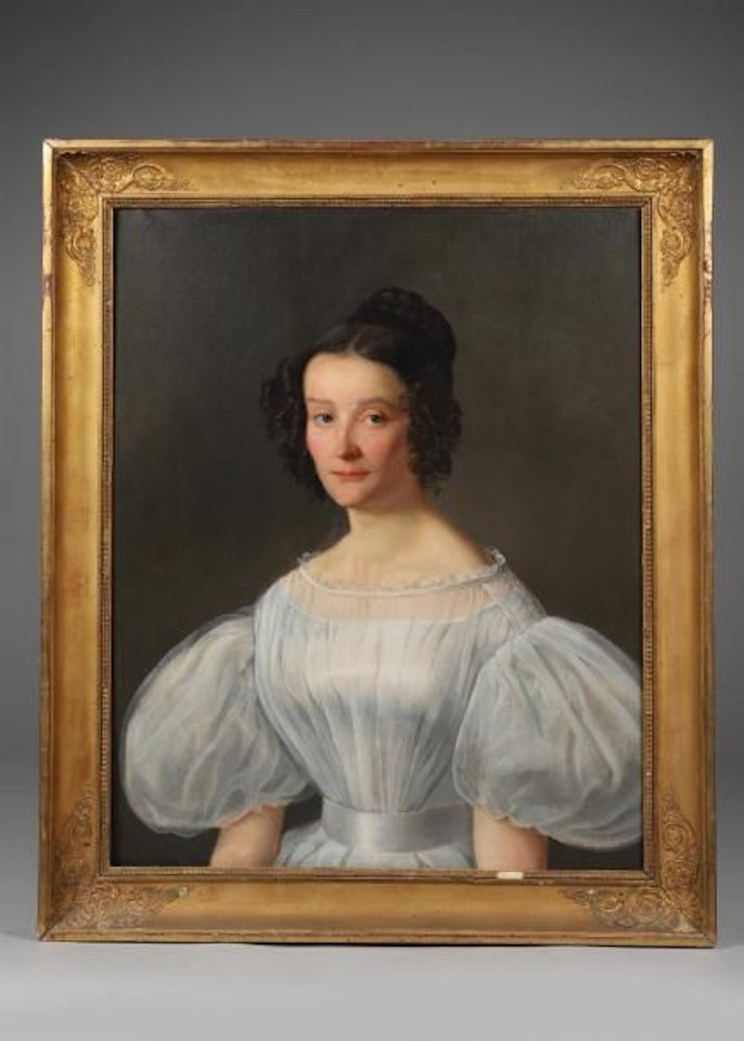 Portrait of a young girl in a white gauze dress by French School