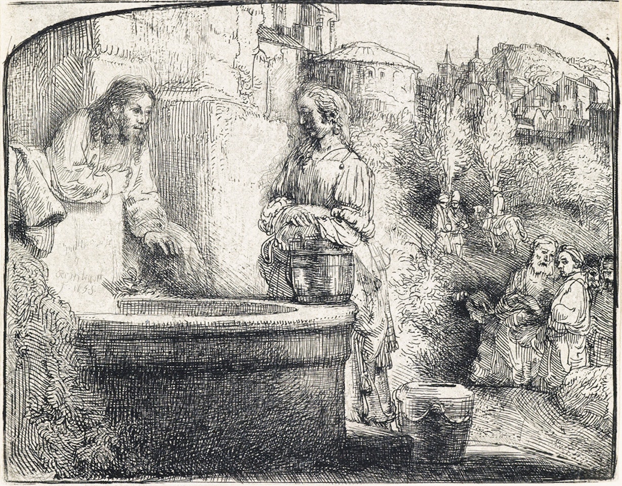 Christ And The Woman Of Samaria: An Arched Print by Attributed to Rembrandt Harmensz van Rijn