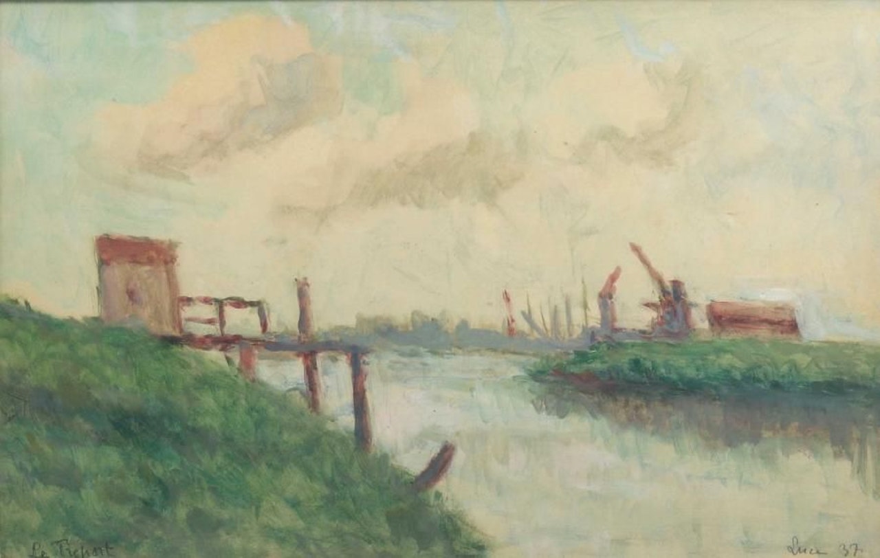 Barge at the port Mixed media by Maximilien Luce