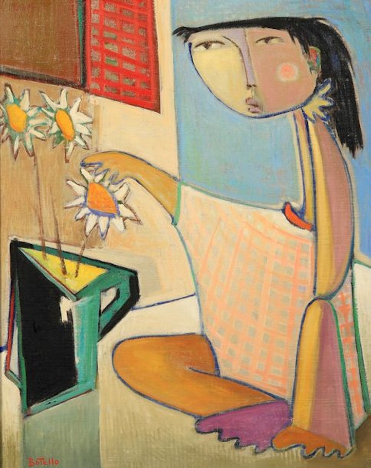 Woman and pitcher of flowers by Angel Botello