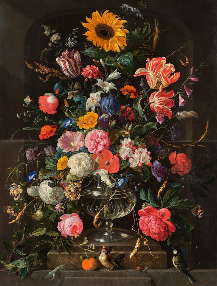 Still Life of Roses, Tulips, Lilies, Poppies, Honeysuckle, a Sunflower, an Iris, and Other Flowers in a Glass Vase with Two Birds, a Grasshopper, and a Snail by Jan Davidsz de Heem