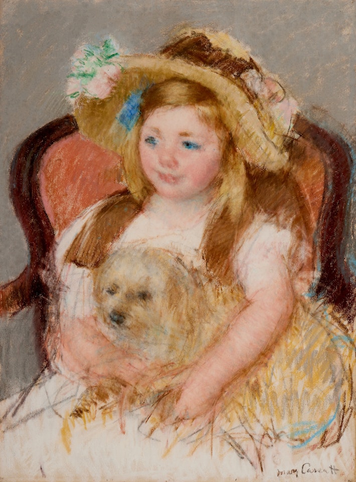 Smiling Sara in a Big Hat Holding Her Dog (No. 1) by Mary Cassatt