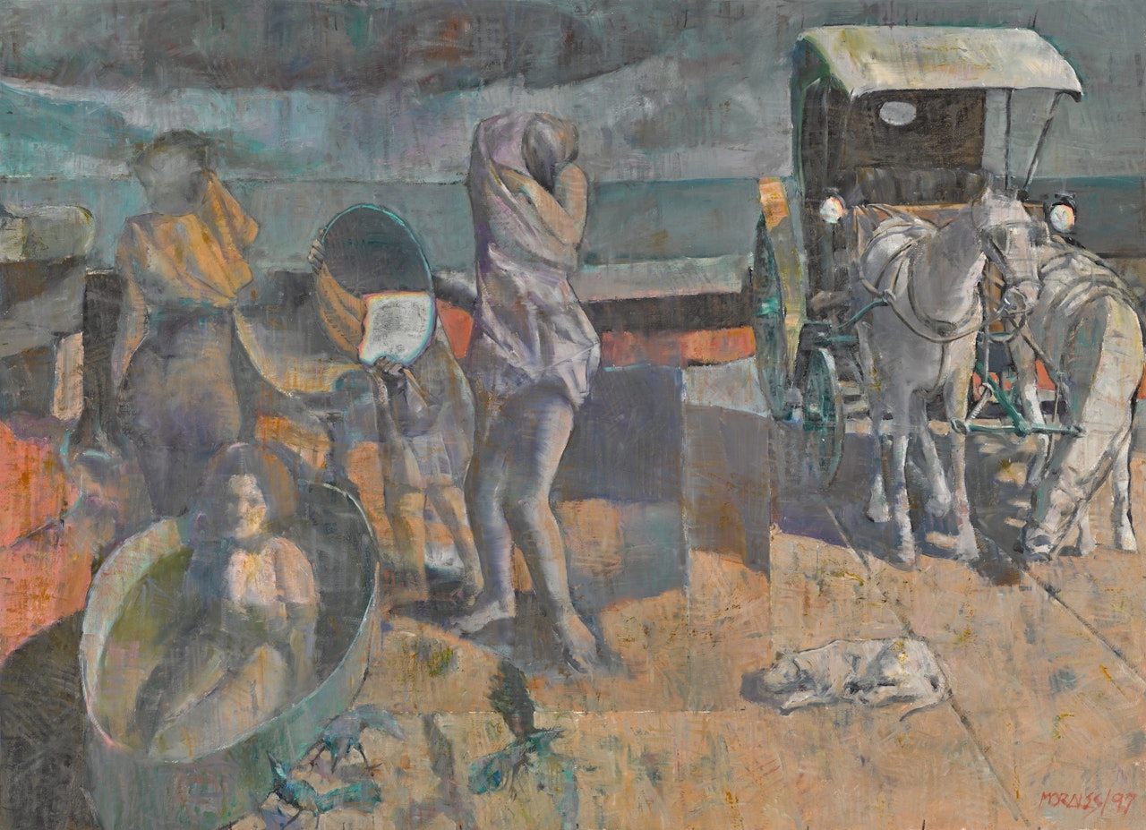 Sueño con tres bañistas, coche, perro, enana sosteniendo un espejo, zanata by Armando Morales