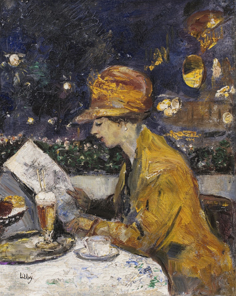 Dame im gelben Kleid im Café (Café Bauer) by Lesser Ury