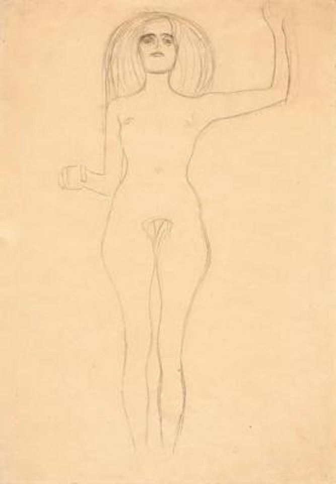 Stehender Akt von vorne mit erhobenem linken Arm (Standing nude with raised left arm) by Gustav Klimt
