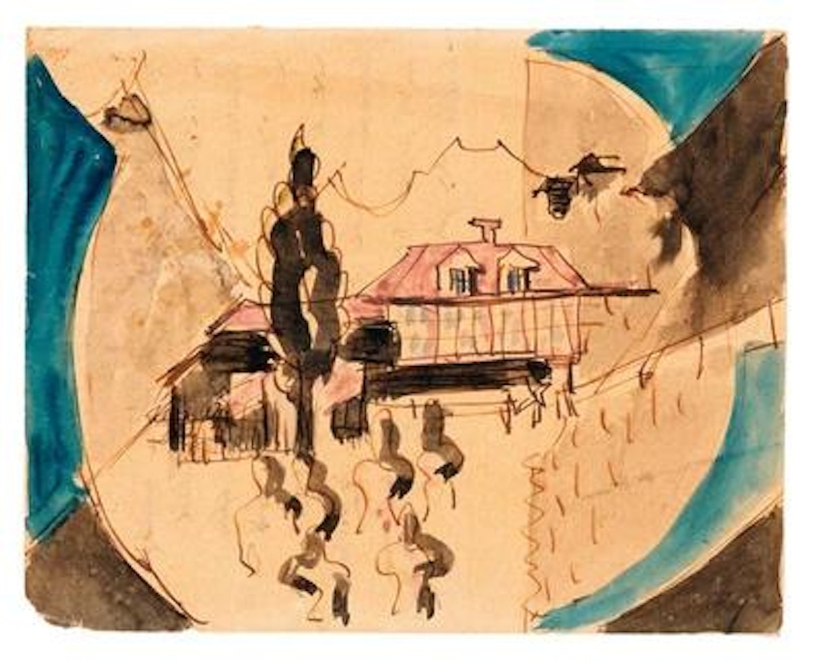 Violettes Haus vor Schneeberg, (Violet House on the Snow Mountains), sketch for oil painting Violettes Haus vor dem Schneeberg, Gordon 1021 by Ernst Ludwig Kirchner