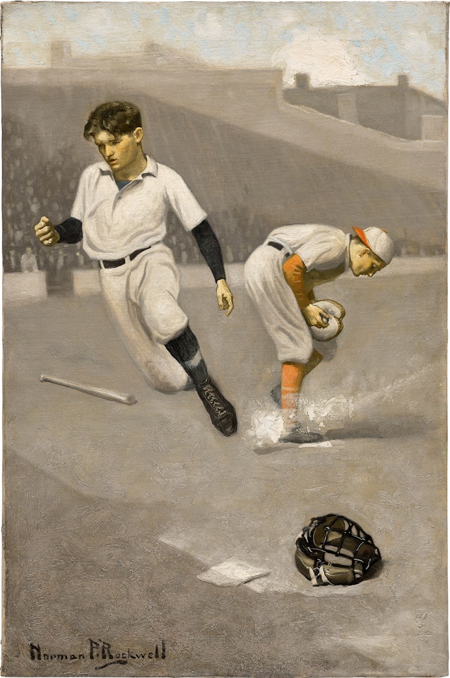 Danny the Freshman, "With the grass wet and slippery fast fielding was out of the question, and Calkins was home before the ball." by Norman Rockwell
