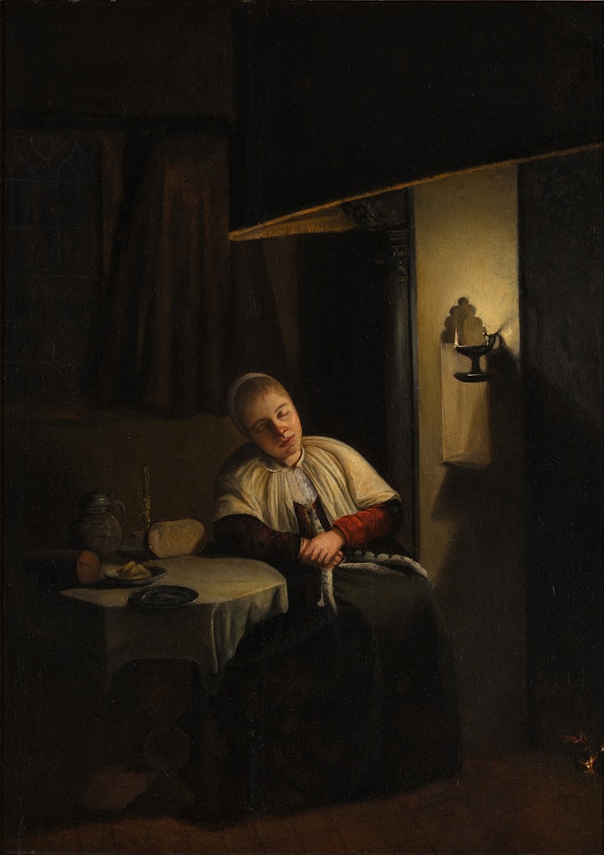 Young Woman Sleeping in a Candlelit Interior by Dutch School