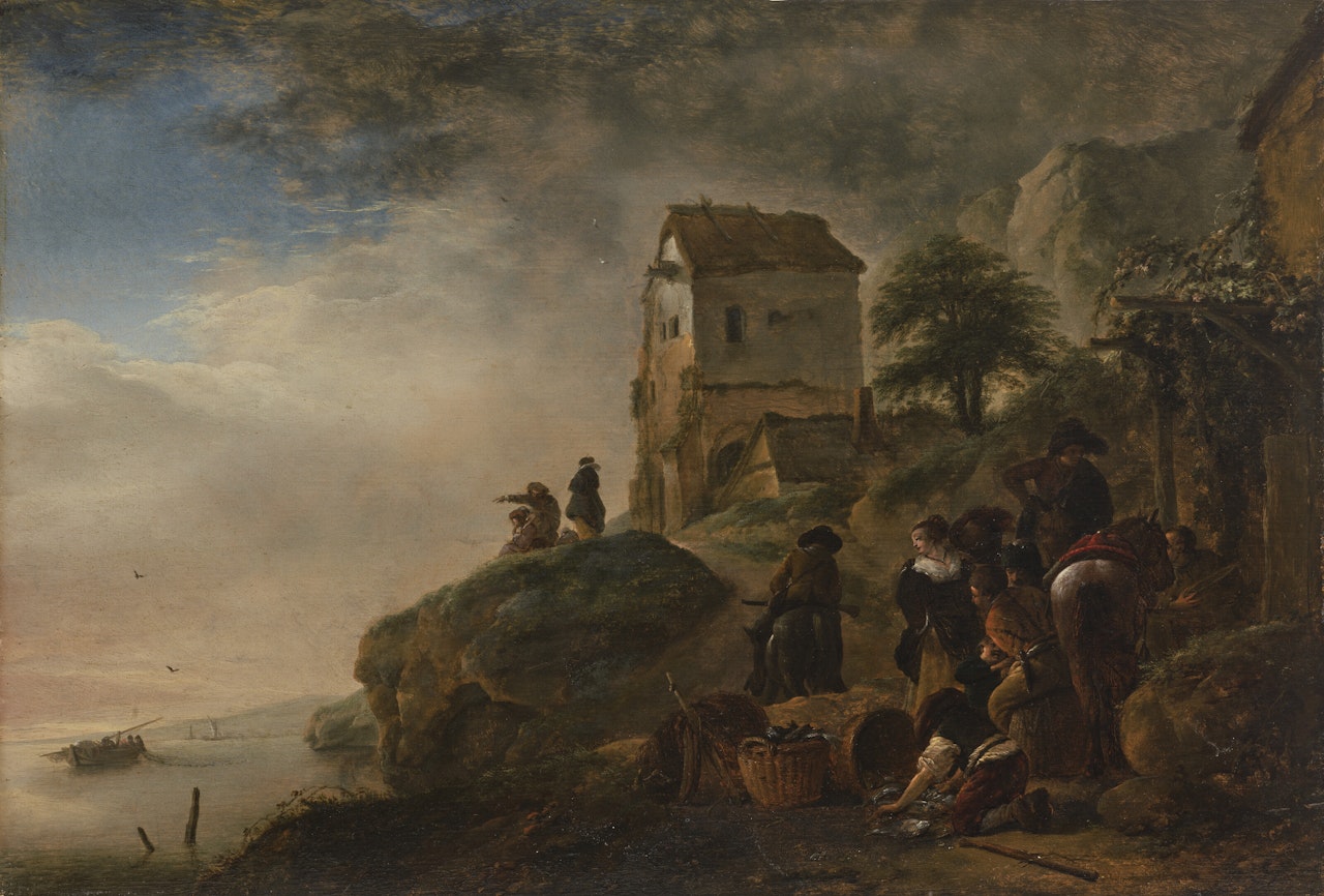 Fishermen displaying their catch on a rocky coast by Philips Wouwerman