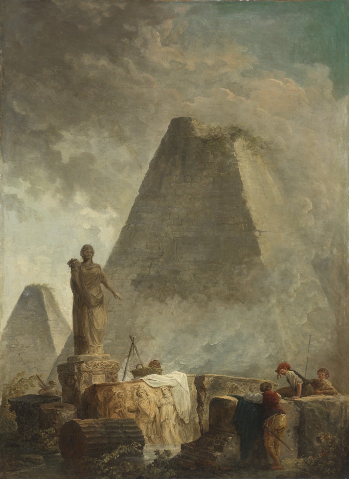 Banditti by a fountain with a statue of abundance, two pyramids beyond by Hubert Robert
