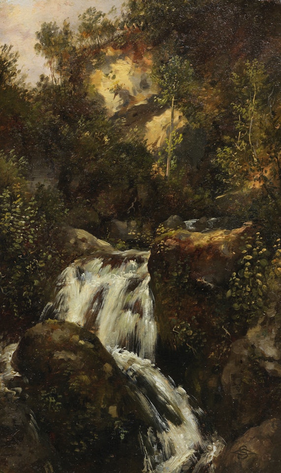 Felsenstudie mit Wasserfall (herabstürzender Wildbach, von Bäumen umgeben) by Carl Spitzweg