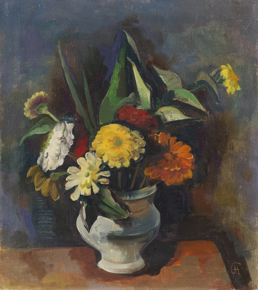 Blumenstrauß in grauer Vase (Zinnien) by Karl Hofer