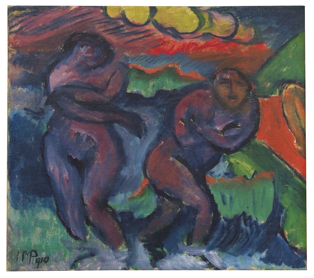 Zwei Badende Frauen / Stillleben mit Gloxinie, Früchten und Bildnis Lotte by Max Pechstein