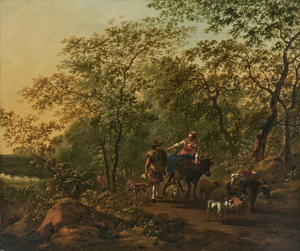 An Italianate wooded landscape with a woman riding an ox and a drover beside with his animals by Nicolaes Pietersz Berchem