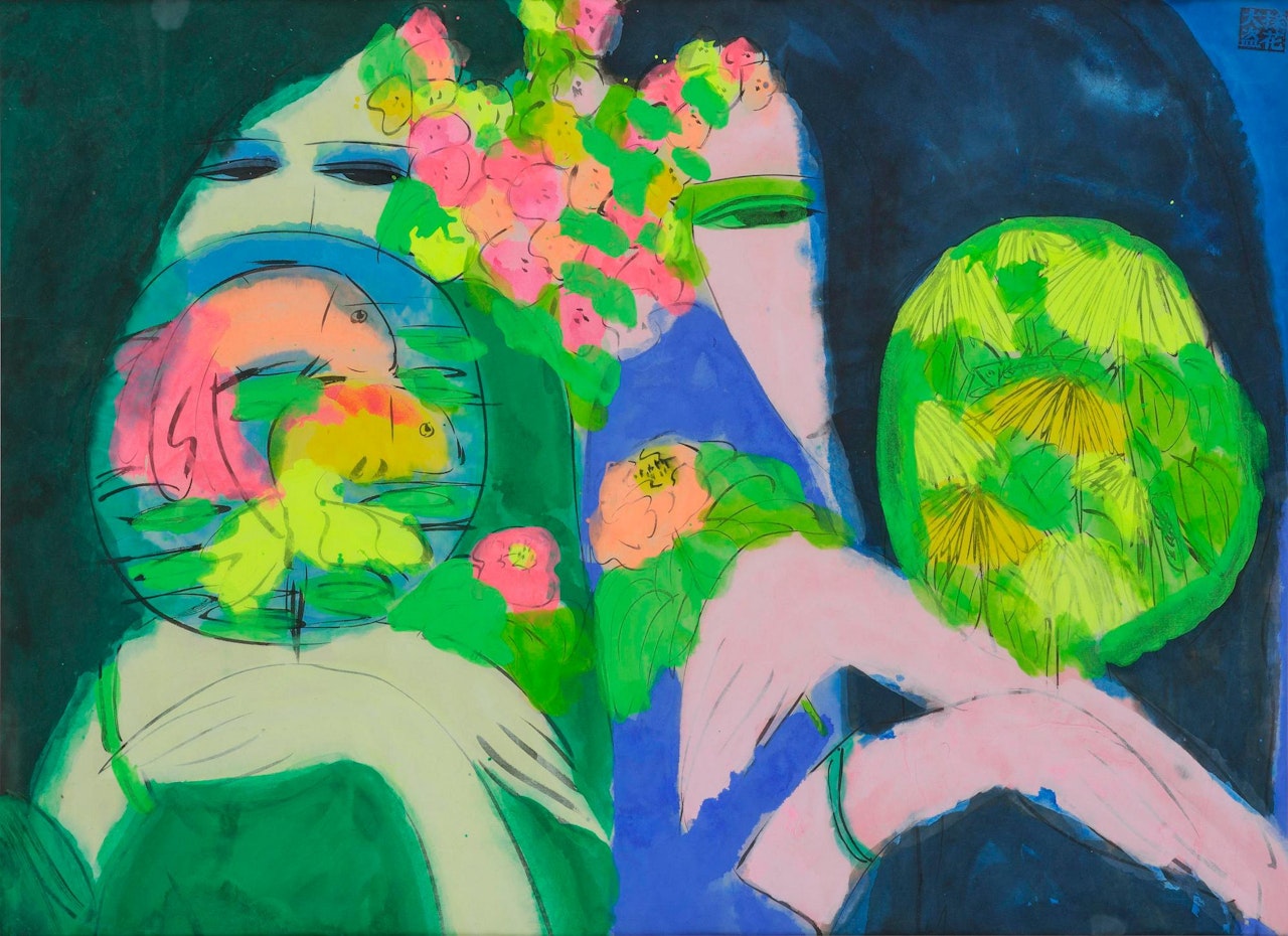 Two ladies with fans by Walasse Ting
