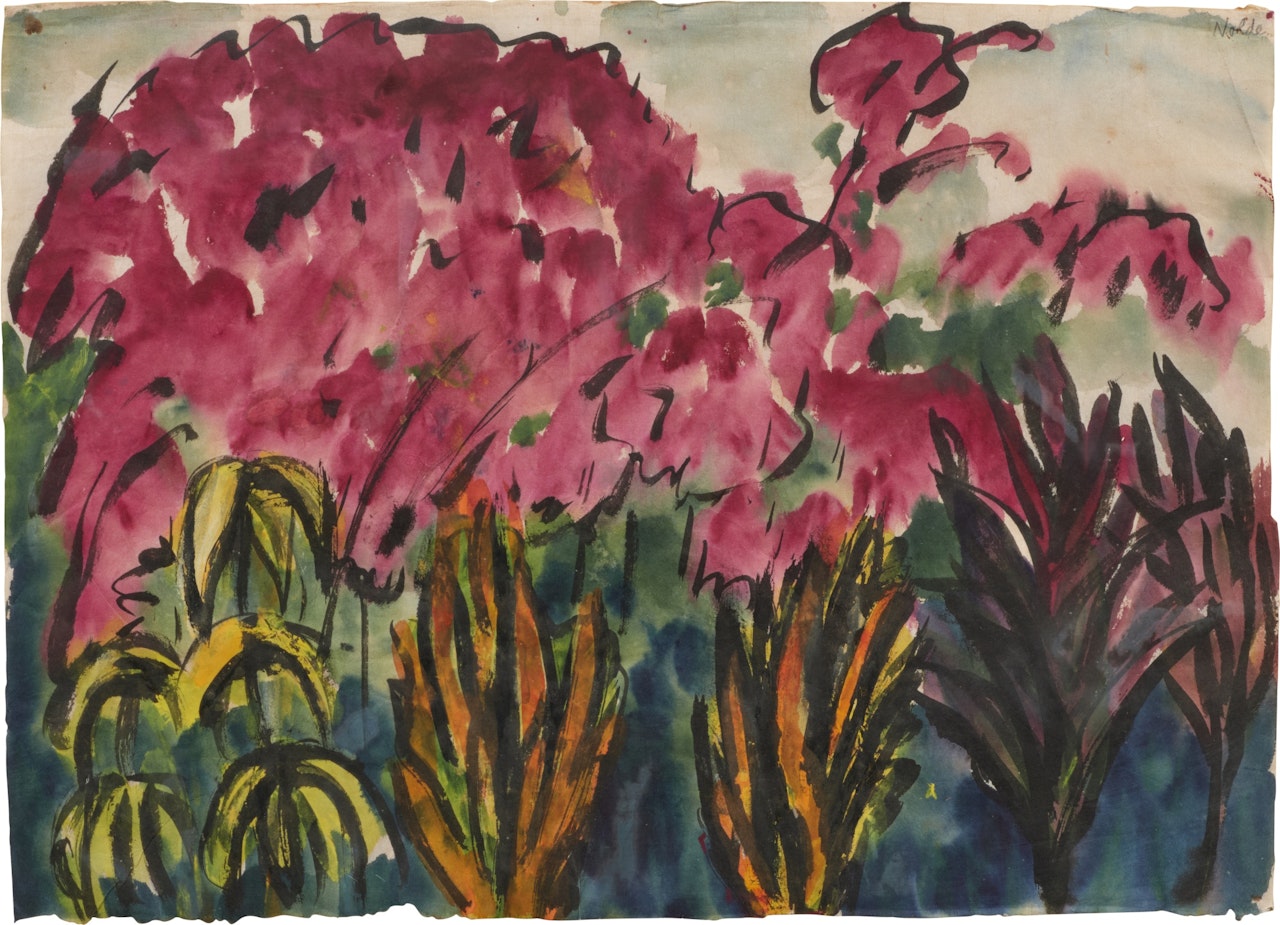 Blumengarten mit Lilien und lila Iris (Flower garden with lilies and purple irises) by Emil Nolde