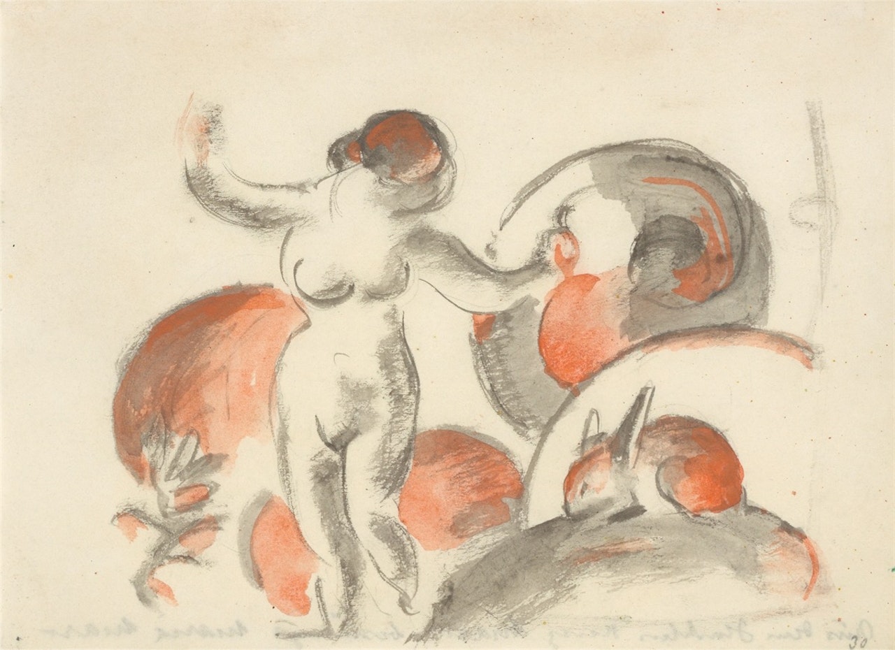 ”Stehender weiblicher Akt mit Kaninchen” by Franz Marc