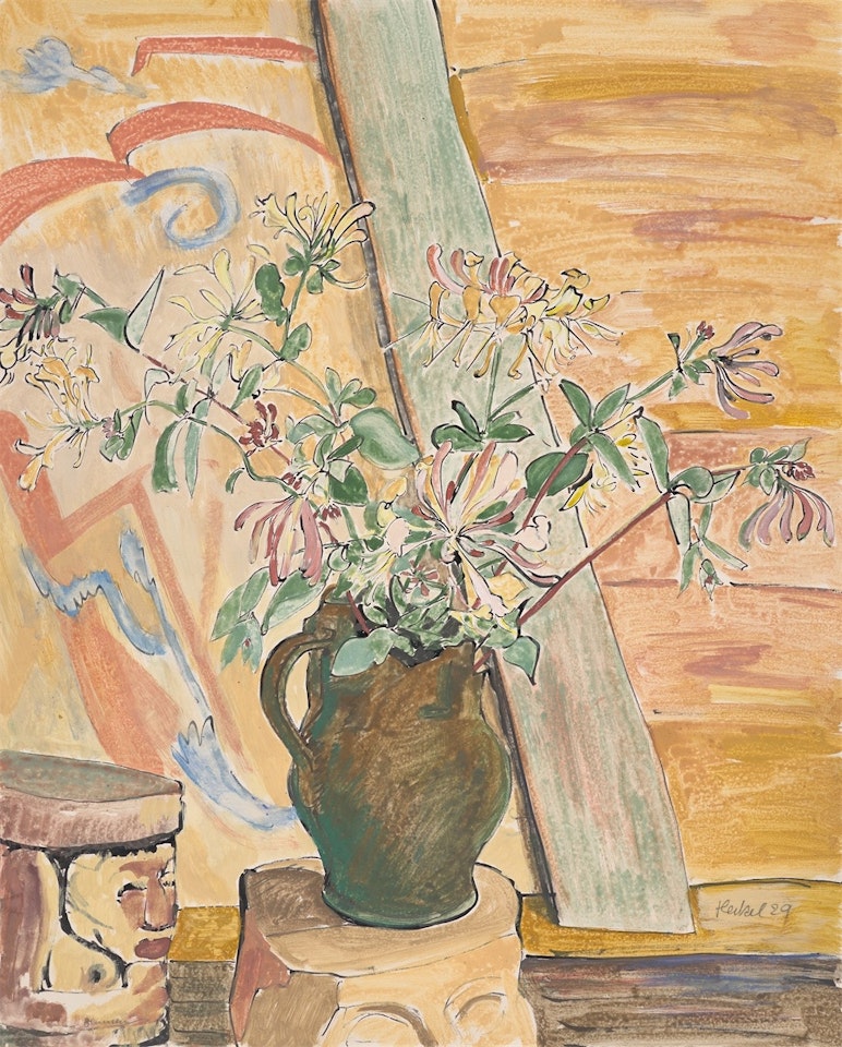 ”Geissblatt mit geschnitzem Hocker” by Erich Heckel