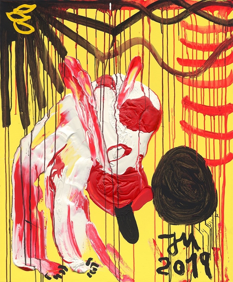 ”DR. NO"S LIEBLINGSHUND ”FEATHER STROMIAN” BELLT NUR KUNST!” by Jonathan Meese