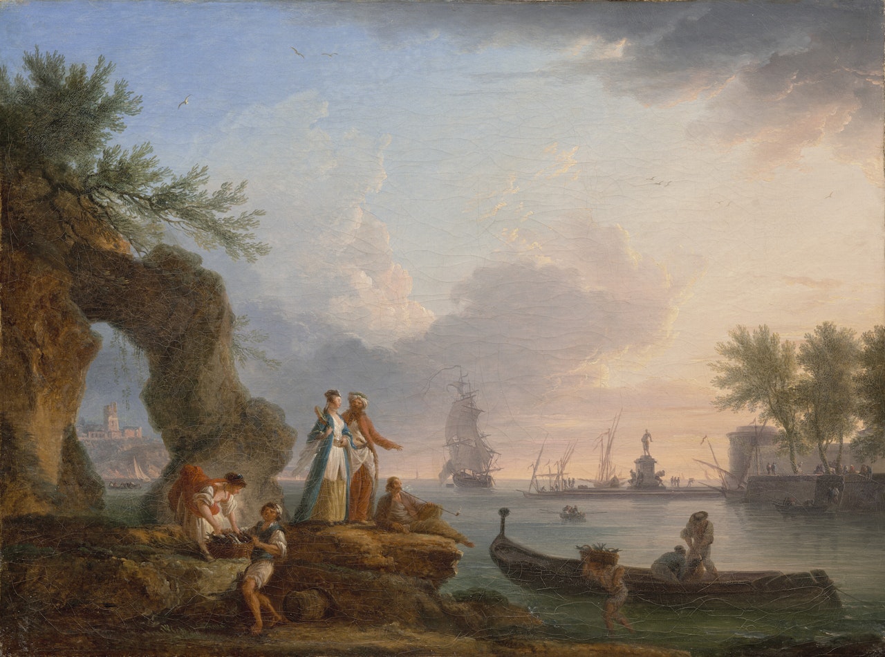 Vue d"un port au coucher de soleil avec des pêcheurs et un couple d"orientaux by Claude Joseph Vernet