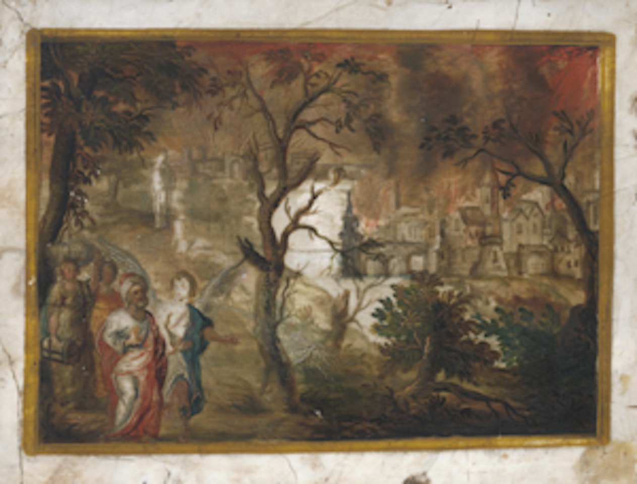 Loth and his daughters flee burning Sodom; Fall of the giants by Italian School