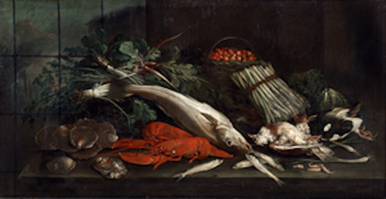 Stillleben mit Hummer, Geflügel, Fischen, Gemüse und Erdbeeren by Dutch School
