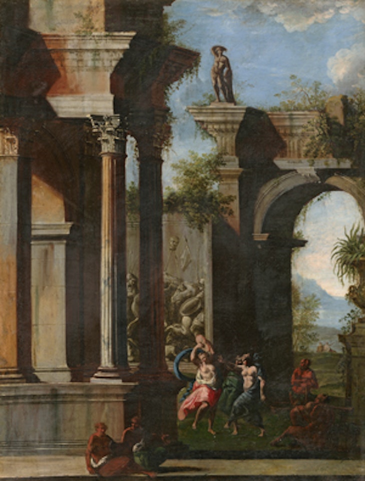 ruin capriccio with bacchantes and satyrs by Italian School