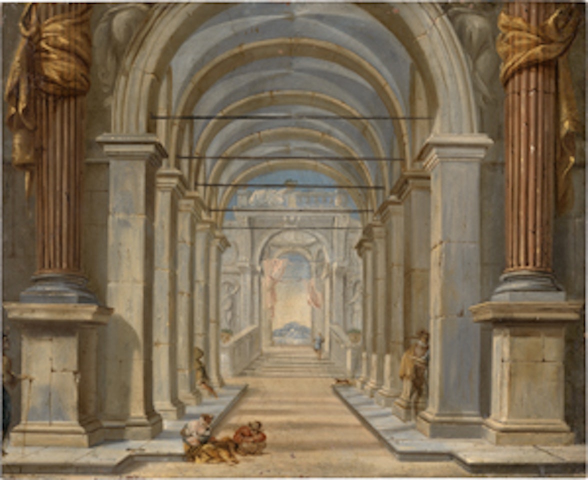 Ideale italienische Palastarchitektur. Verso: Ideale hügelige Flusslandschaft mit Rundturm und Staffage by Italian School