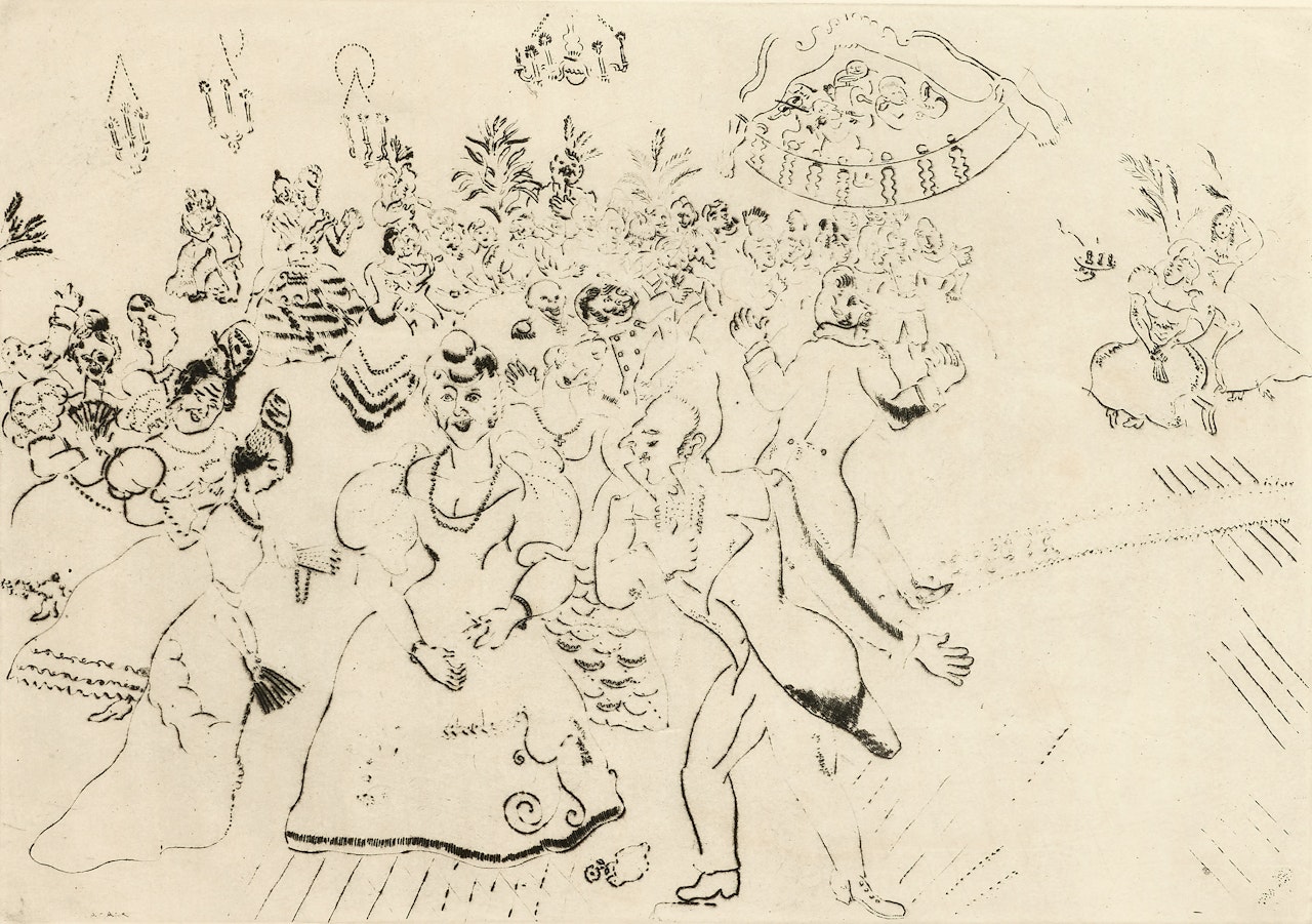 Ensemble de deux gravures 1- Lettre à Marc Chagall; 2- Le Bal chez le Gouverneur; Planche 63 des Âmes Mortes by Marc Chagall