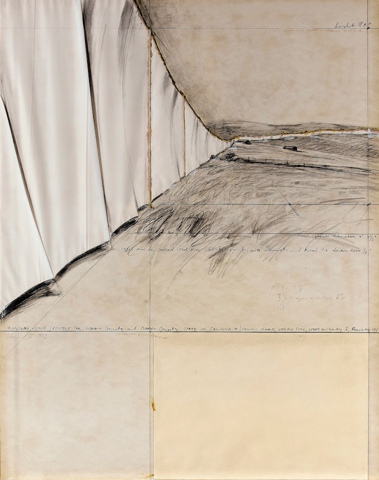 Running fence / Project for Sonoma County and Marin County, State of California; Running fence / Project for Sonoma County and Marin County, State of California, Pacific Ocean, Valley Ford, State Highway 1, Freeway 101" by Christo