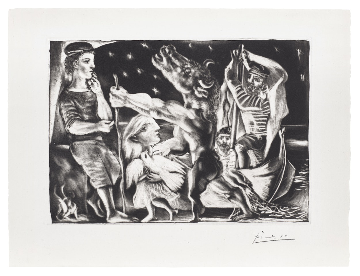 Minotaure aveugle guidé par Marie-Thérèse au pigeon dans une nuit étoilée (Blind Minotaur Guided Through a Starry Night by Marie-Thérèse with a Dove), plate 97 from La Suite Vollard (Bl. 225, Ba. 437) by Pablo Picasso