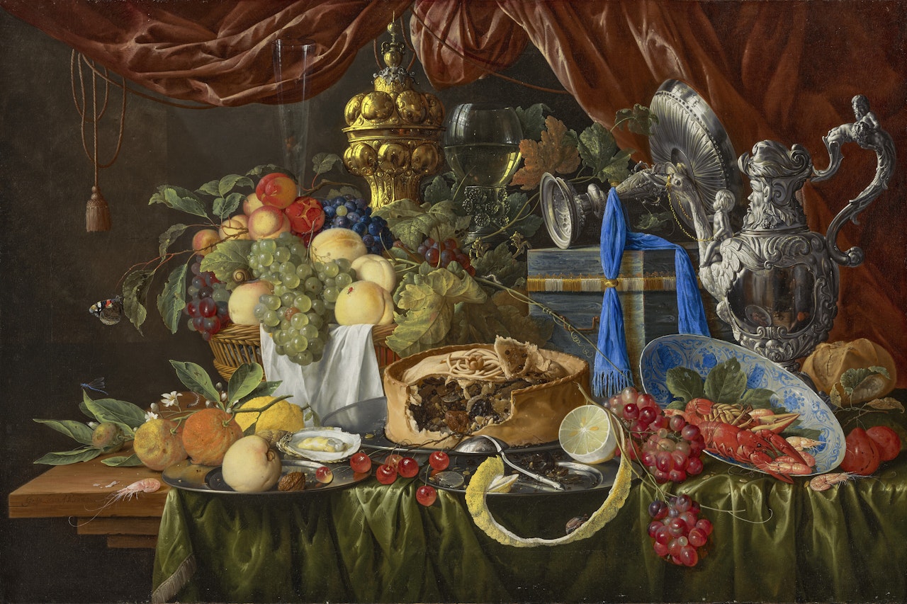 A pie on a pewter plate, a partially peeled lemon and overturned silver spoon on a pewter plate, crayfish and shrimp in a Wanli bowl, fruit, a walnut and an oyster on a pewter plate, a basket of fruit, a fluted glass, a silver-gilt cup, a roemer, an overturned silver tazza on a strong box, a silver ewer and a bread roll all on a partially draped table with a curtain beyond by Jan Davidsz de Heem