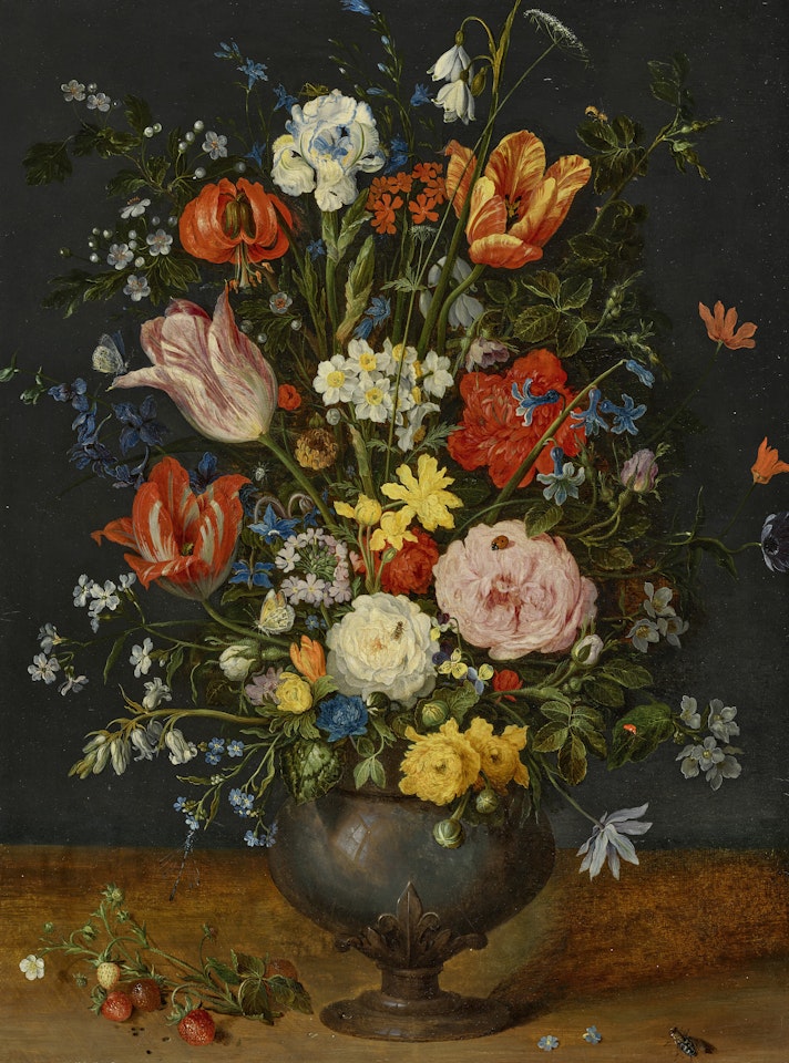 Roses, parrot tulips, narcissi, a lily, a delphinium, borage, moss roses, forget-me-nots, viola and other flowers in a pewter vase, with a strawberry sprig and a fly on a wooden ledge by Jan Brueghel the Younger