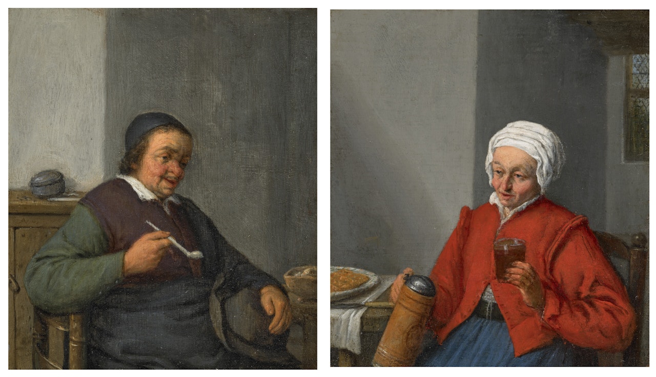 A man holding a pipe, in an interior; and A woman holding a jug and a glass of beer, in an interior by Adriaen van Ostade