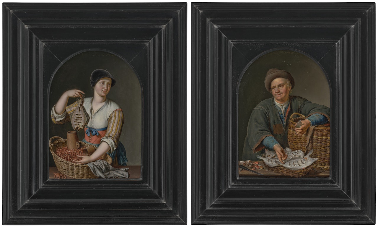 A woman selling fish and shrimp; and A man selling fish by Willem van Mieris