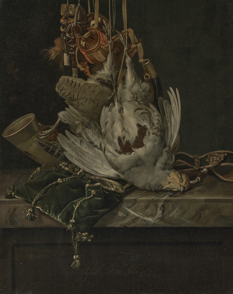 A partridge, a hunting horn, hawking hoods and a gold-trimmed green velvet hunting bag hanging above a marble ledge by Willem van Aelst