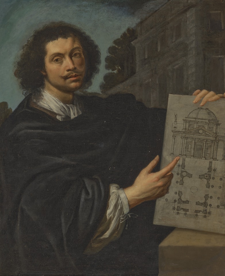 Portrait of an architect; (1634/38-1714), half-length, in a black cape over a white shirt, holding the plan of a church by Roman School