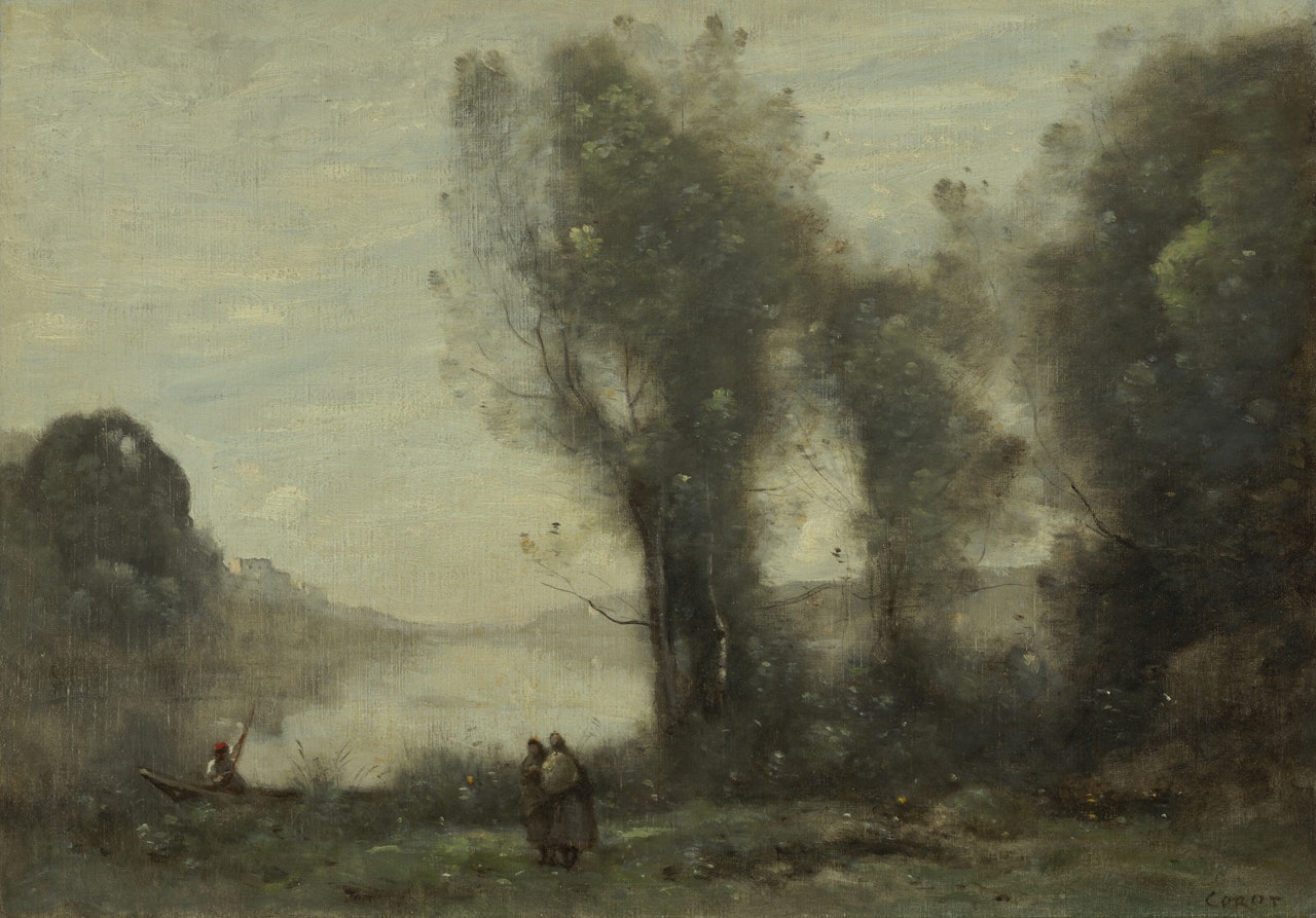Martin au bord du lac. Un passeur barque et deux paysannes by Jean Baptiste Camille Corot