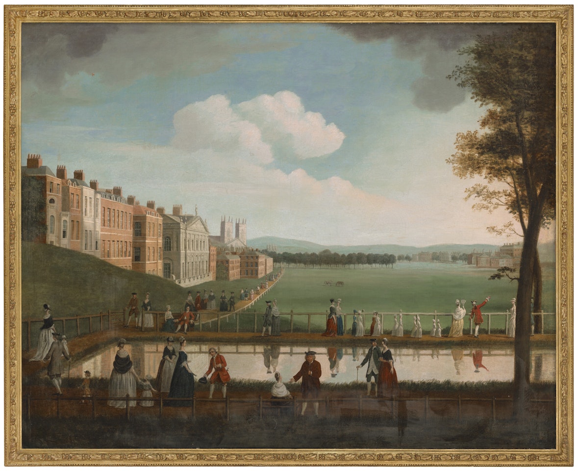 View of Green Park from Piccadilly, London, with the Queen"s Basin, Spencer House, Westminster Abbey and Buckingham House with figures promenading in the foreground and beyond by English School