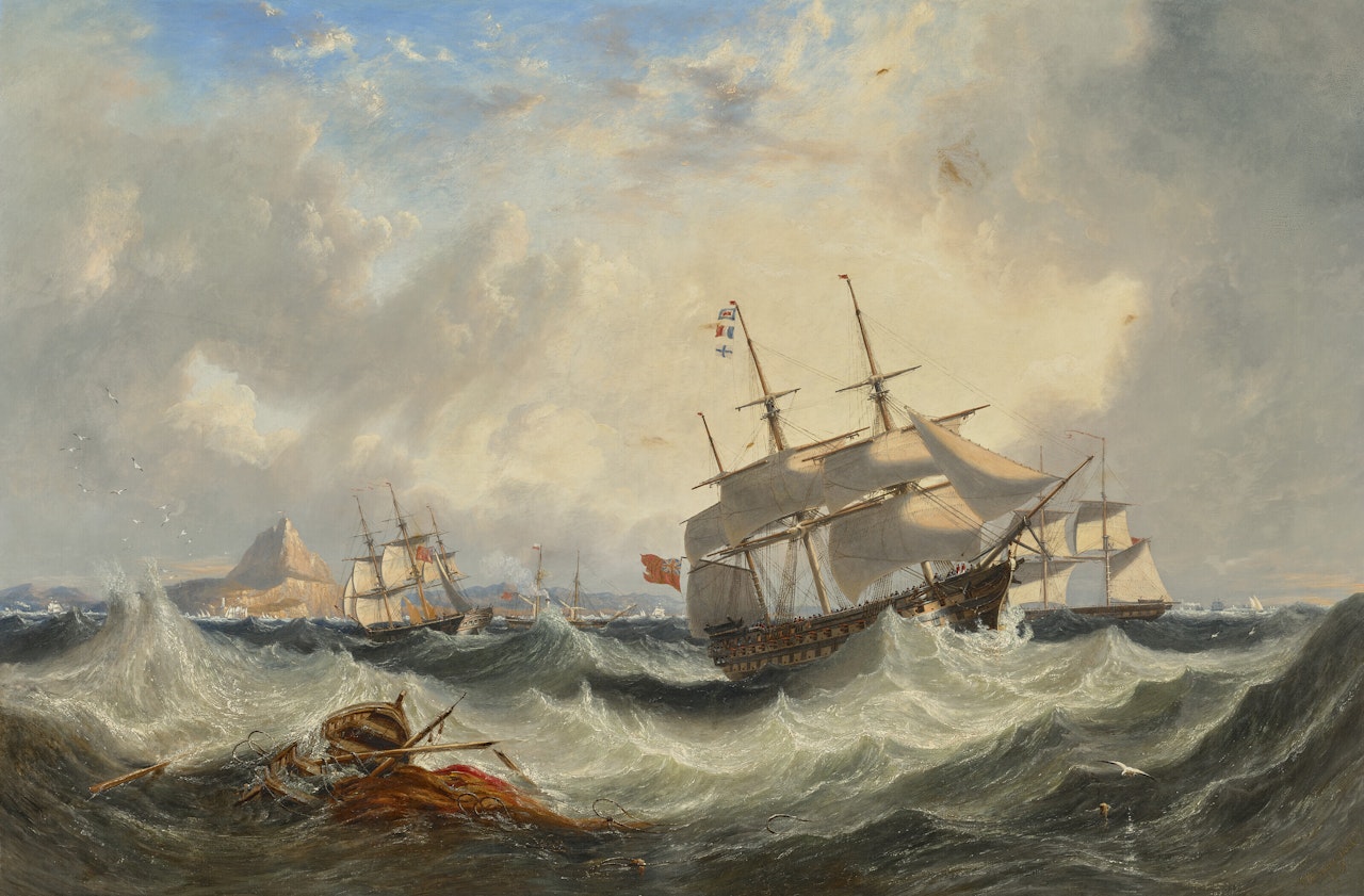 A "74" calling for a pilot off Gibraltar with shipping beyond by John Wilson Carmichael