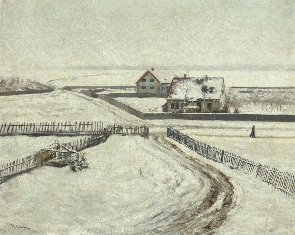 Houses in a winter landscape by Theodor Kittelsen