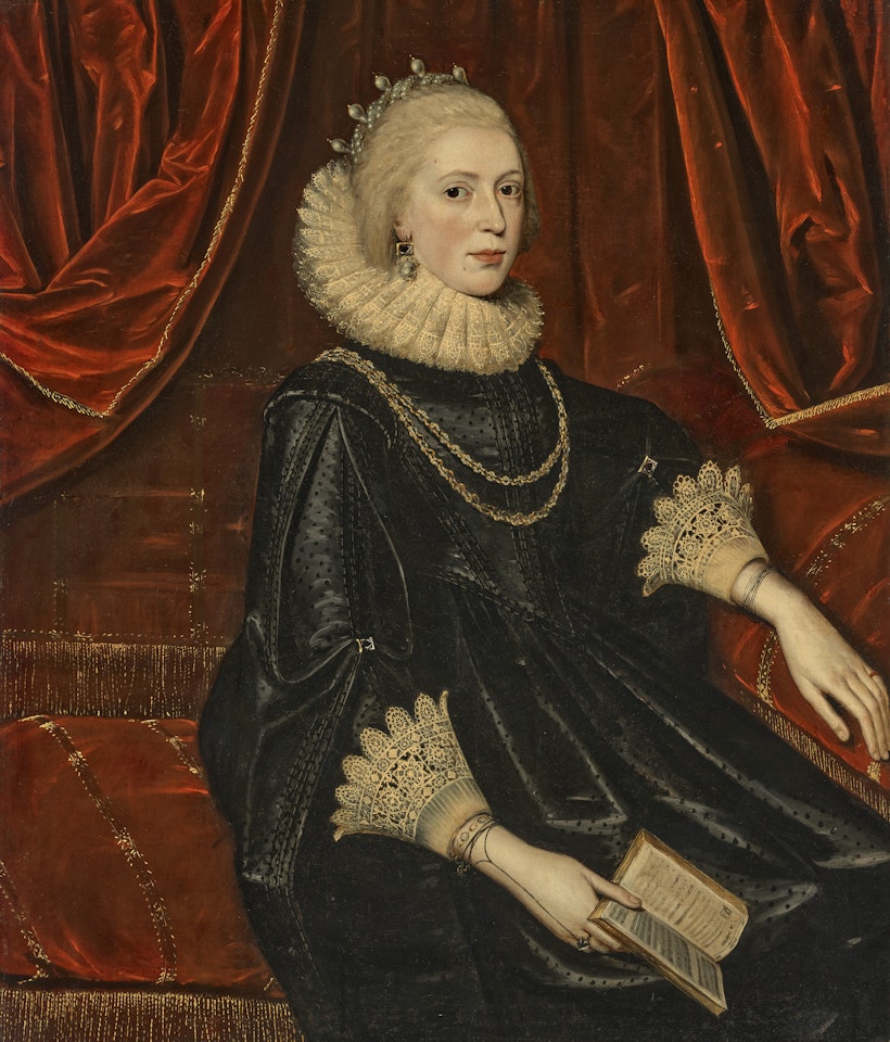 Portrait of a lady, traditionally identified as Mary Herbert, Countess of Pembroke, née Sidney (1561-1621), three-quarter-length, seated, in a black gown, with saffron dyed lace ruff and cuffs by English School