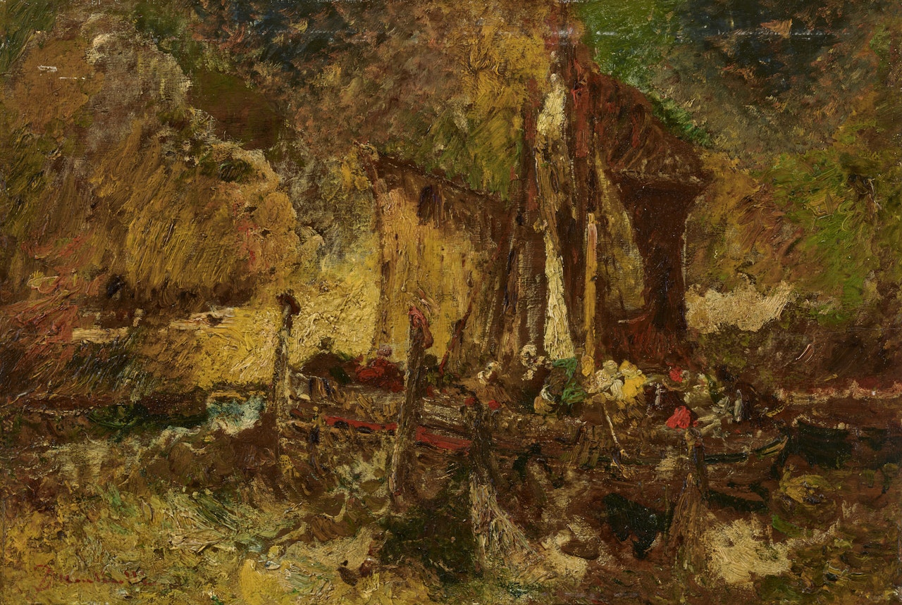 Fishermen lifting the nets before the storm by Adolphe Monticelli