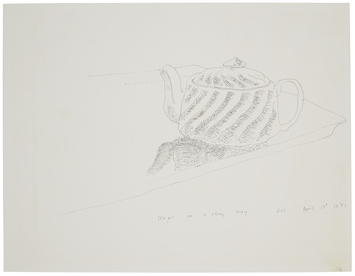 teapot on a shiny tray by David Hockney